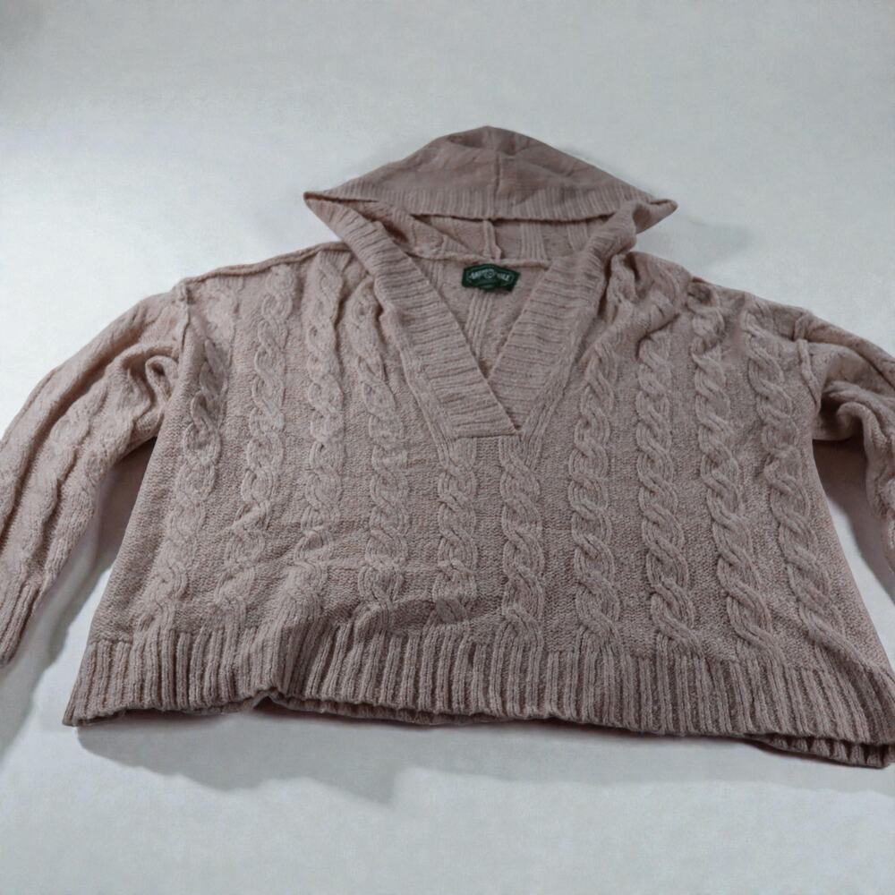 American Eagle Cable Knit Hooded Cropped Sweater Pink Women’s L